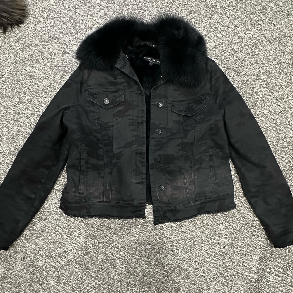 Generation Love Black Denim Jacket with Removable Fur Lining and Collar - Large